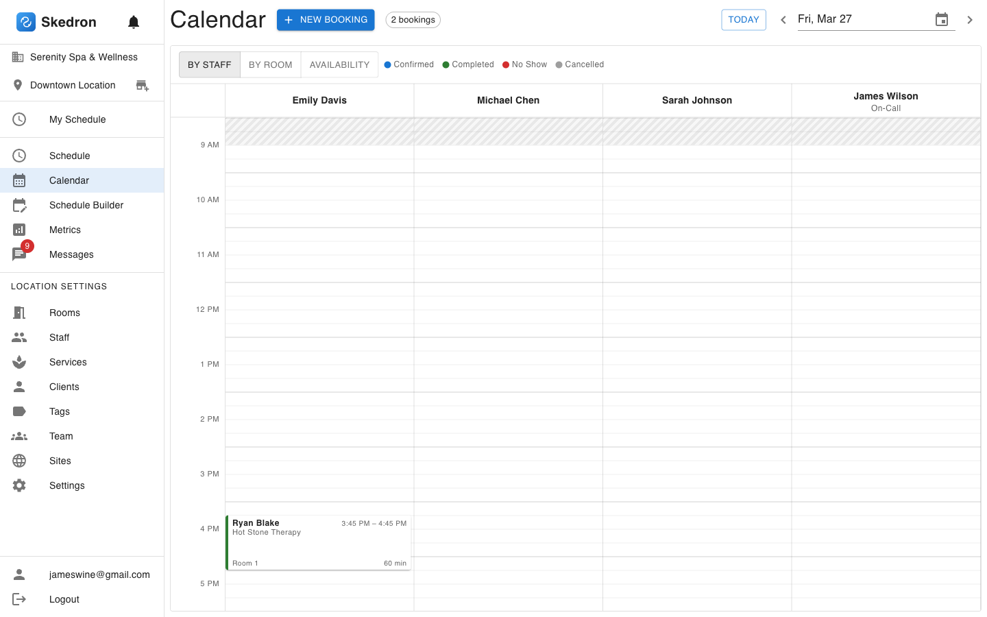 Calendar view with time blocks across multiple therapists
