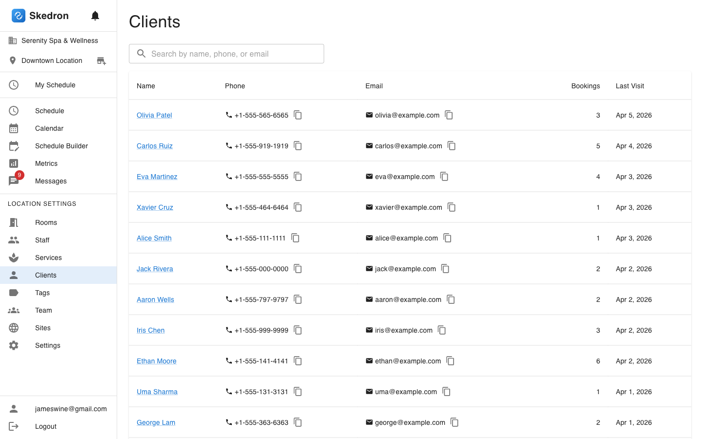 Client management table with search, contact info, and booking history