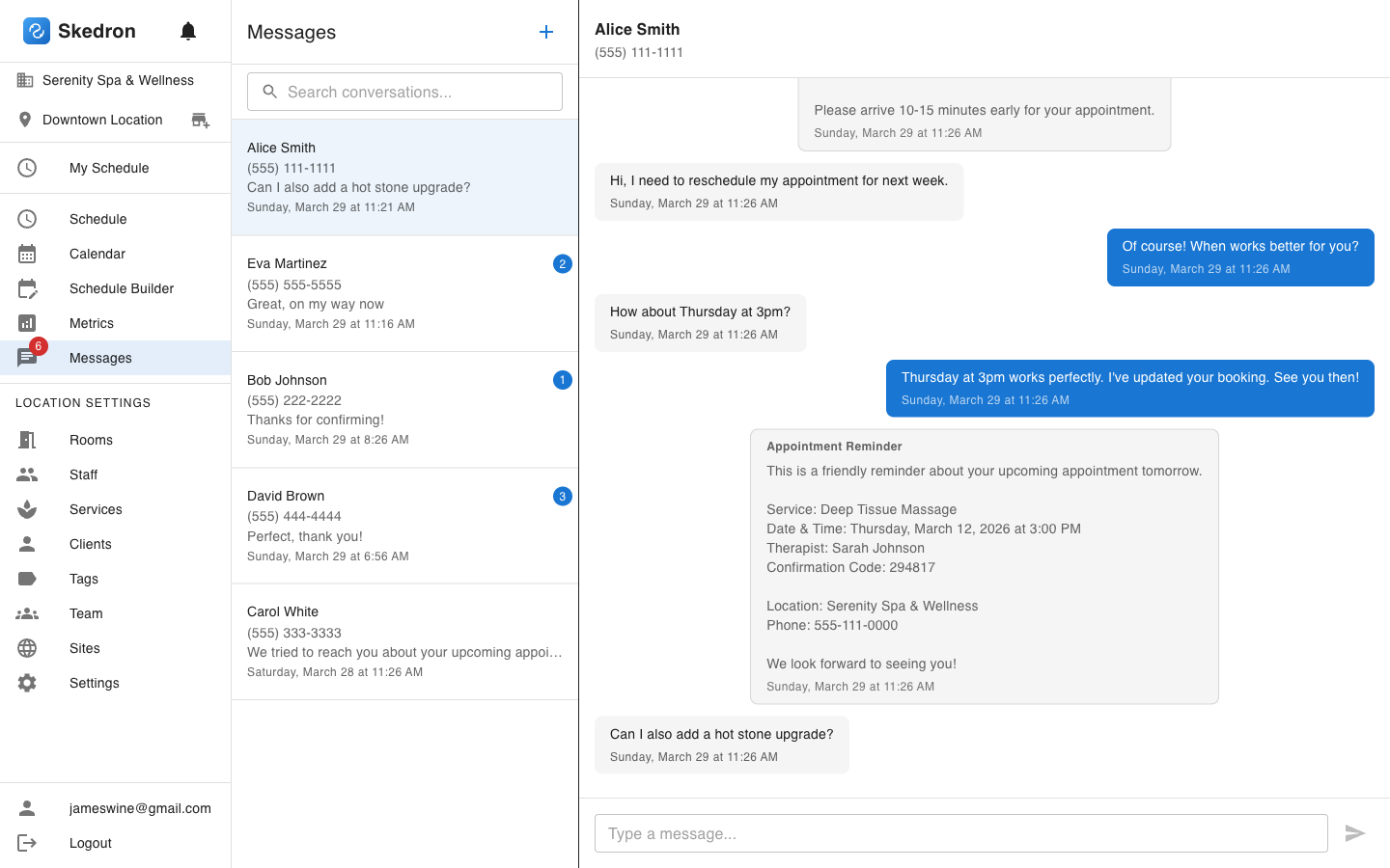 SMS conversation thread with automated reminders and client messages