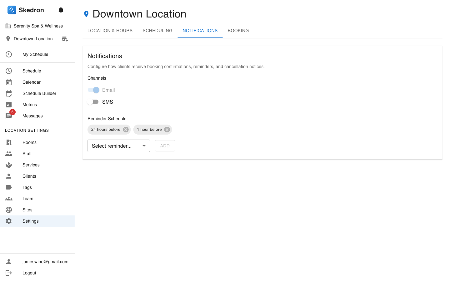 Notification settings showing email and SMS channels with reminder schedule