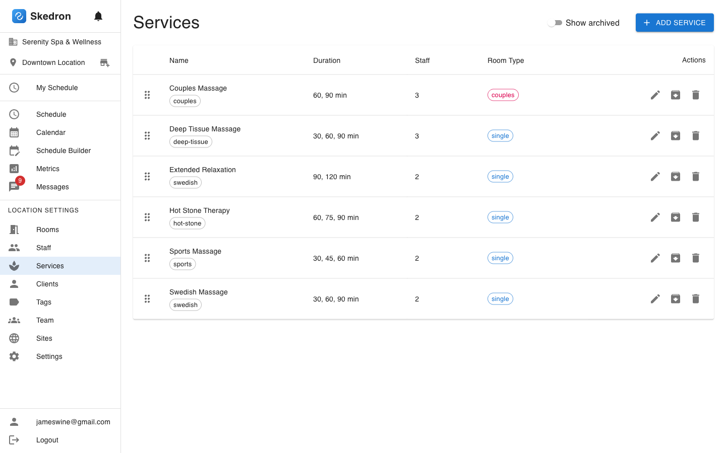 Services page showing massage types with durations and room assignments